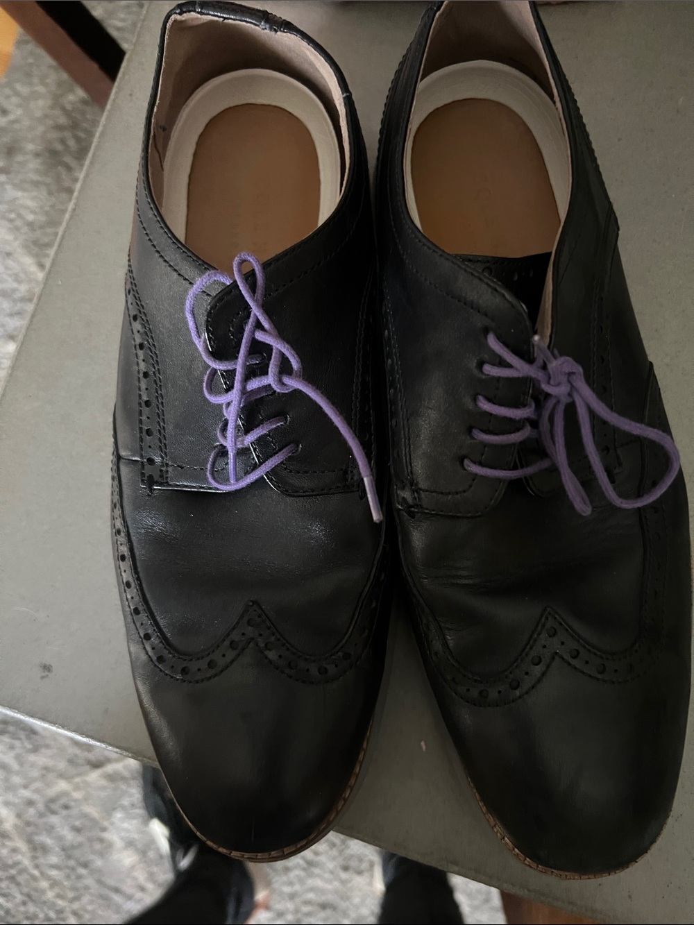 Cole Haan Black Wingtip Oxfords with Purple Laces
